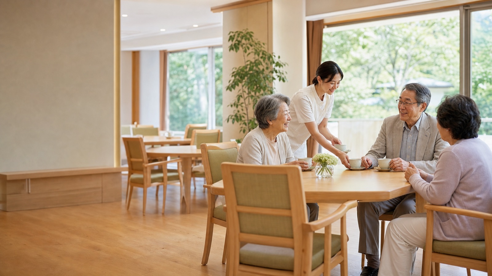 明るいラウンジでお茶と会話を楽しむご入居者様