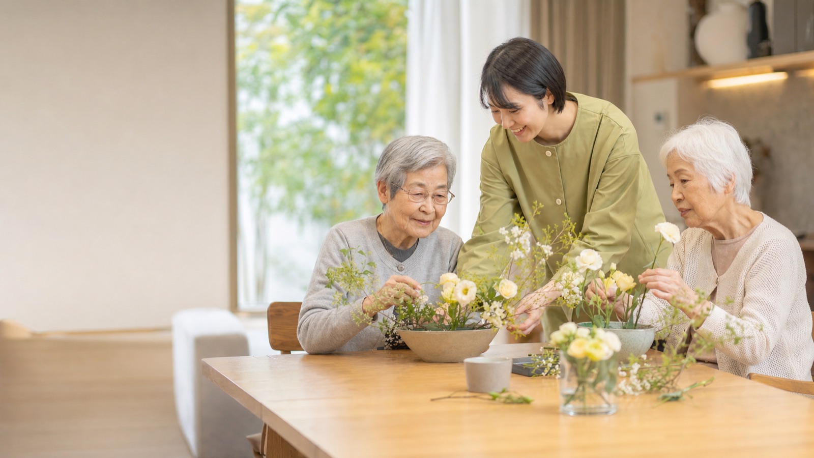 スタッフと季節の花を生けるご入居者様