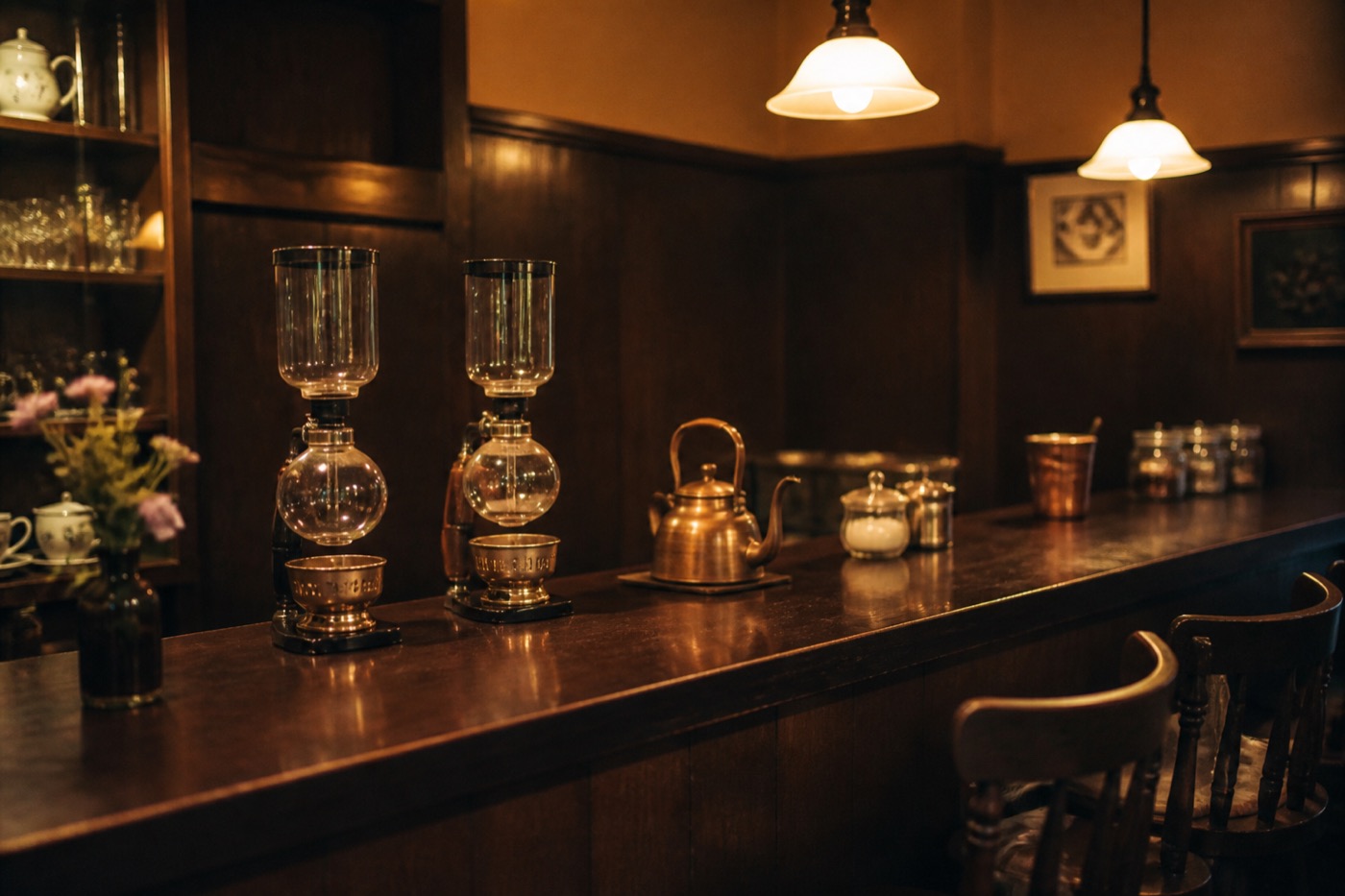 木製カウンターとサイフォンのある純喫茶の店内