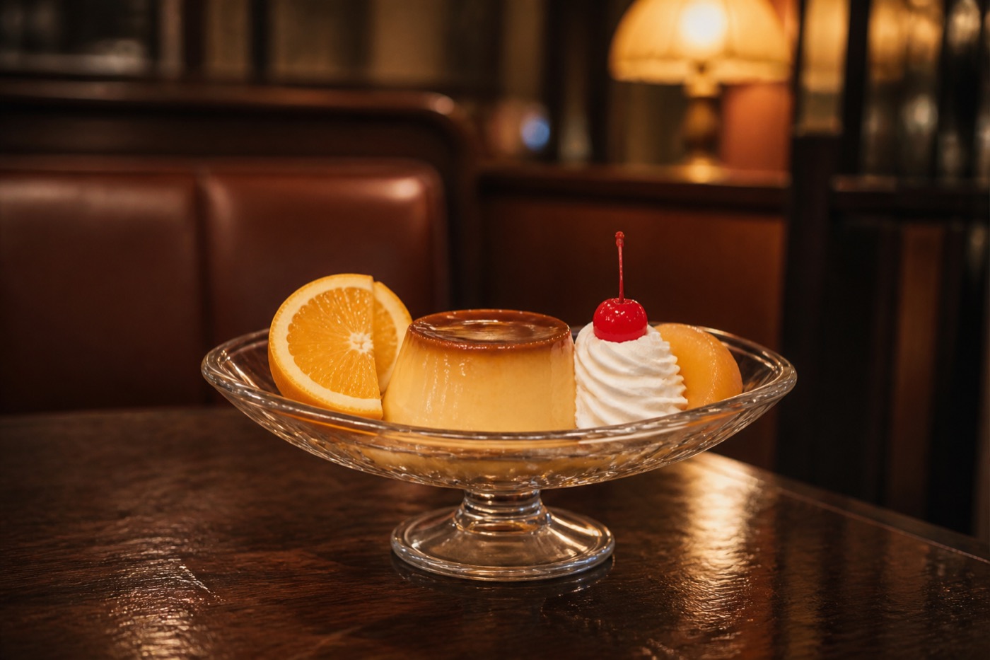 果物と生クリームを添えた固めのプリン・ア・ラ・モード
