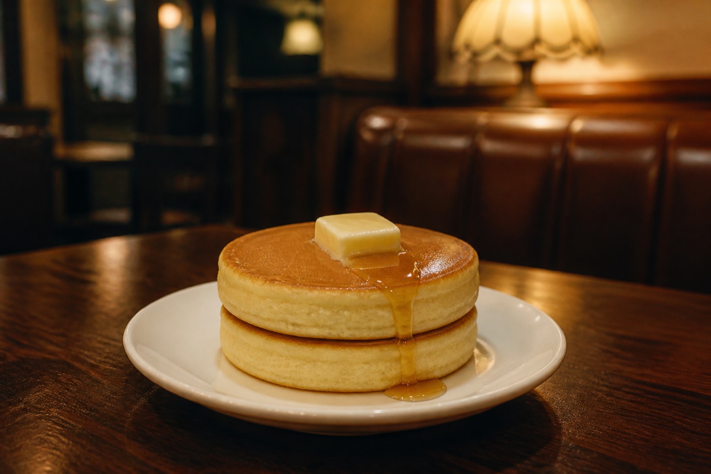 バターと蜜を添えた二段重ねのホットケーキ